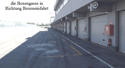 die Boxengasse in
Richtung Boxeneinfahrt