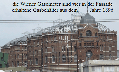 die Wiener Gasometer sind vier in der Fassade
  erhaltene Gasbehlter aus dem        Jahre 1896